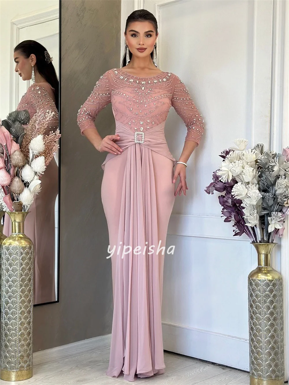 Szyte na miarę wysokiej jakości, dopasowane sukienki syreny z szyfonu, z dżetami, plisami, dekoltem w serek, długie sukienki na specjalne okazje, nowoczesny styl.