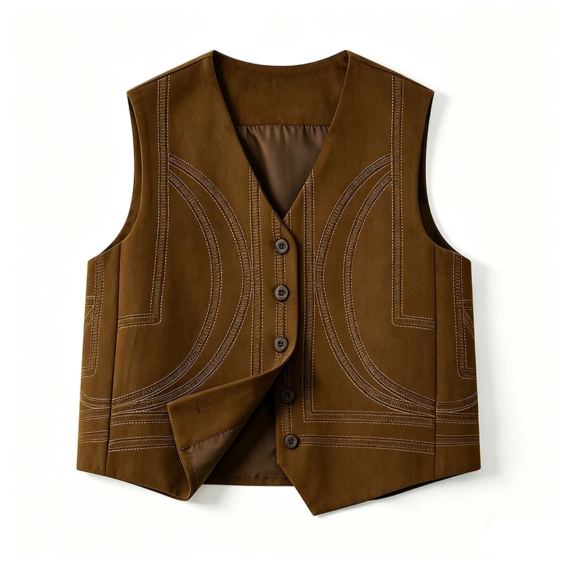Elegant Embroidered Suede Vest Top Vintage V-neck Layering Versatile Size Large Outerwear Fashionable Women's Jacket