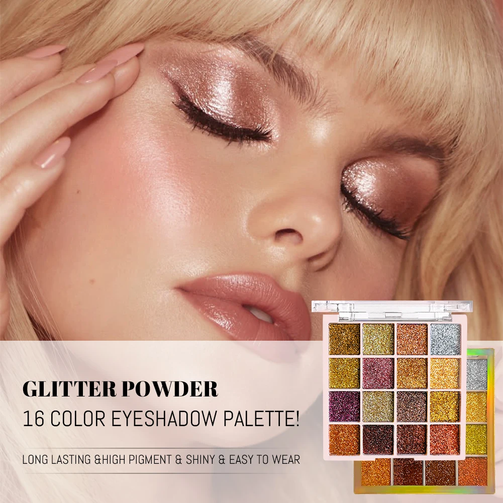 16 Colors Glitter Eyeshadow Palette Shimmer Multicolor Golden Color Sparkle Sequin Finish Body Face Makeup Stage Party Makeup