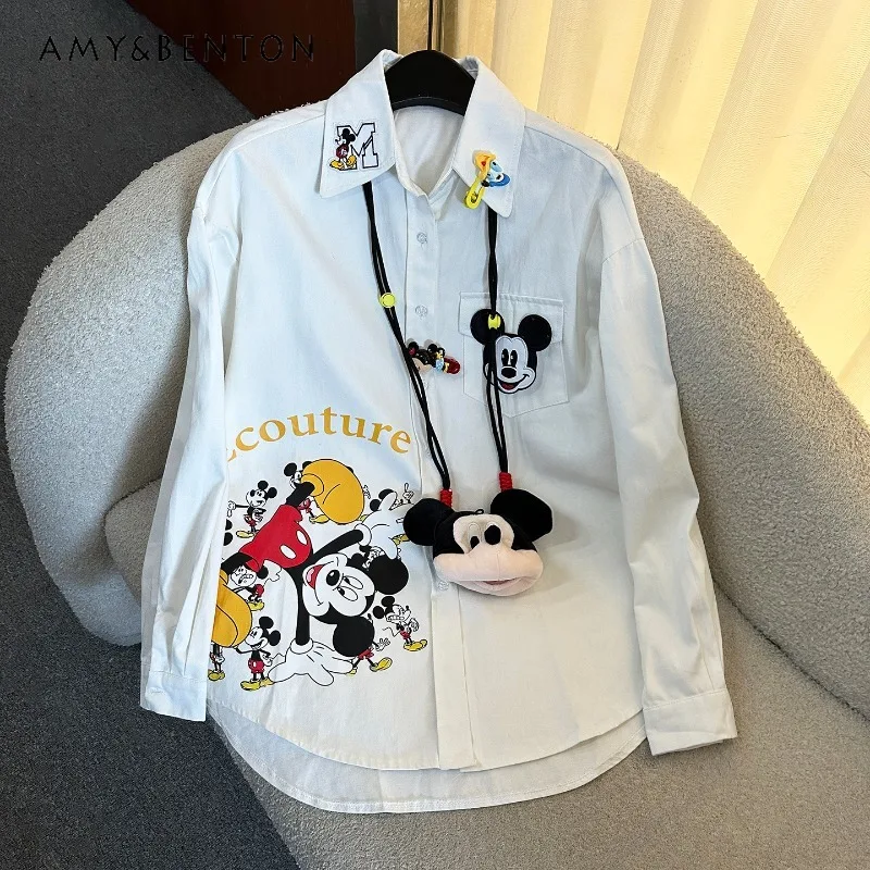 

2025 Autumn New Cartoon White Denim Long Sleeves Shirt Jacket For Women's Loose Casual Mid-Length Single-Breasted Blouse Coat
