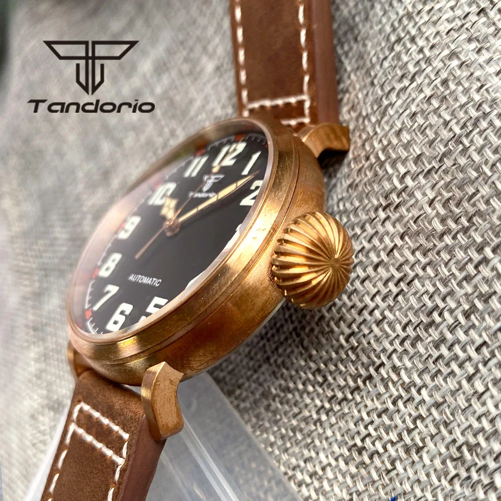 Tandorio Real CUSN8 Solid Bronze 46.5mm NH35A PT5000 Automatic Watch for Men Sapphire Glass Black Dial Leather Strap Screw Crown