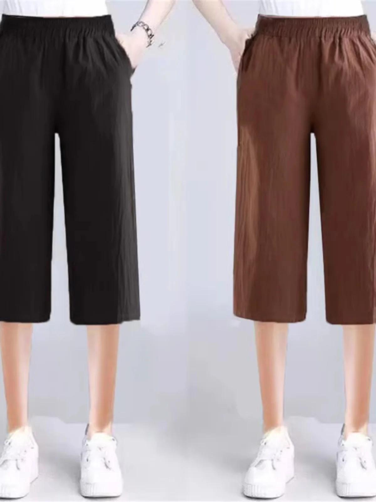 Baumwollhose mit weitem Bein für Damen, Sommer, lockere Passform, leichte elastische Taille, vielseitige Freizeithose, hohe Taille, sieben Fuß lange Länge