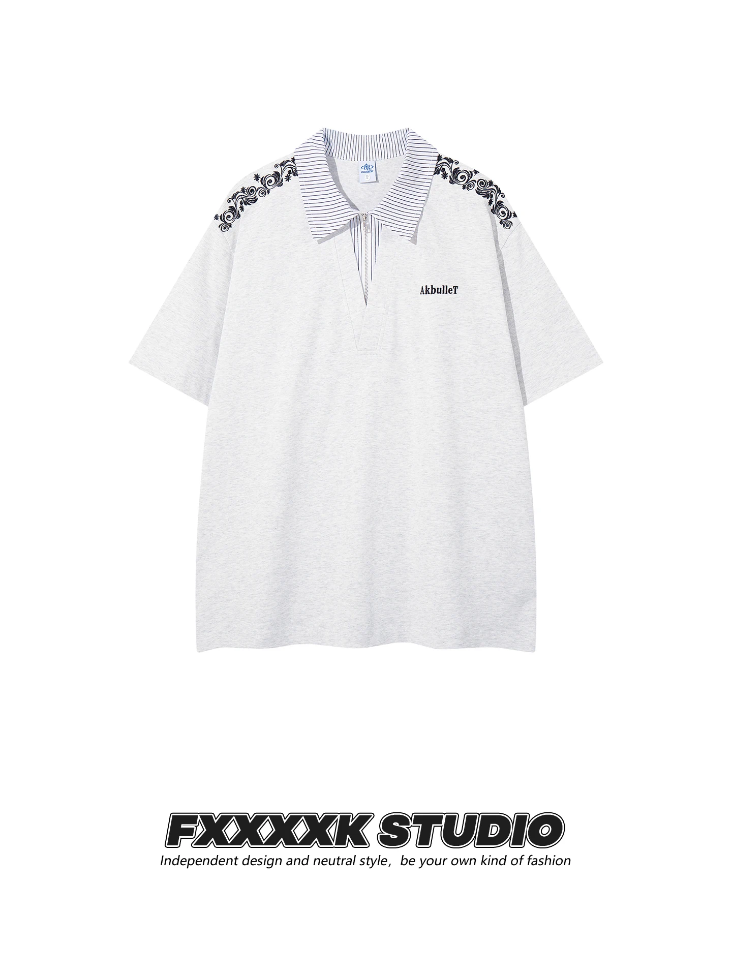 

Оригинальная американская модная рубашка FXK с маленьким полосатым воротником, сине-белой вышивкой, на молнии, повседневная, с коротким рукавом.