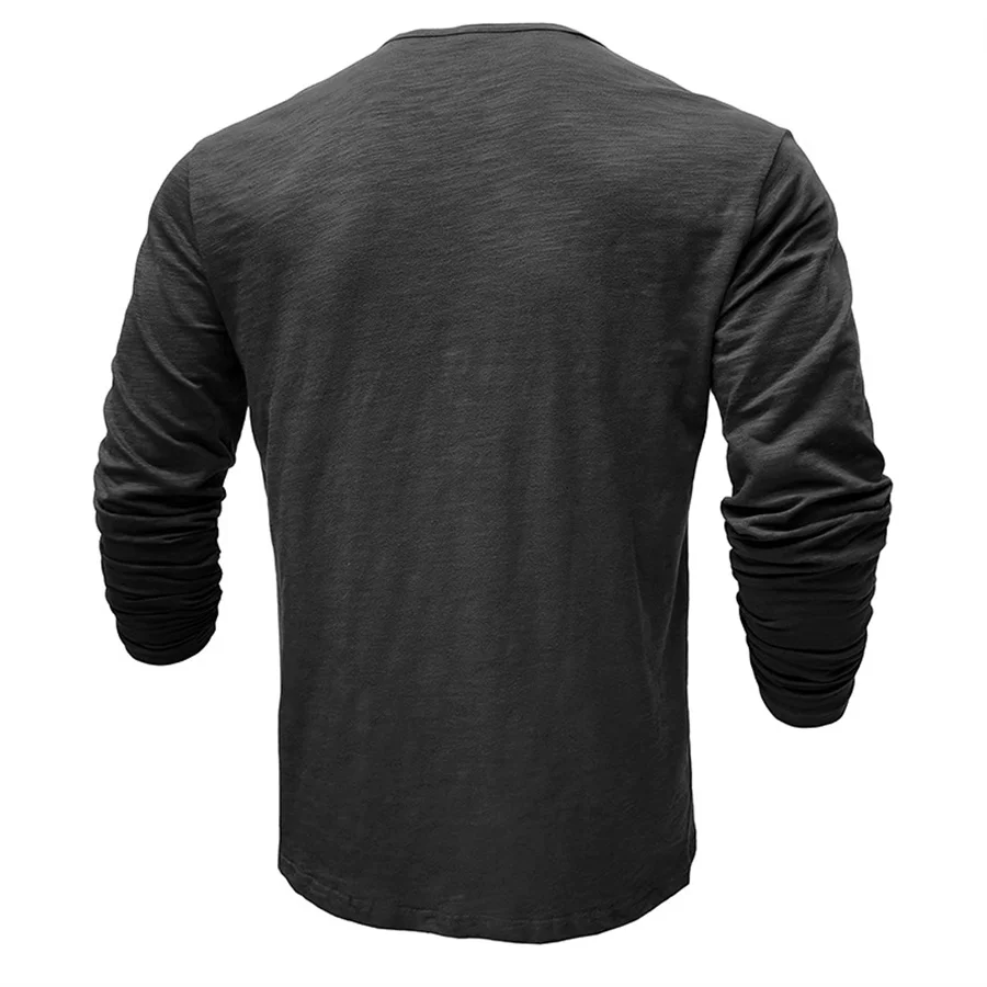 2024 New Men\'s 100% Cotton Henley T-Shirt Long Sleeve Shirt Basic Retro Casual T Shirts Button Washed Worn V-neck Men Clothing