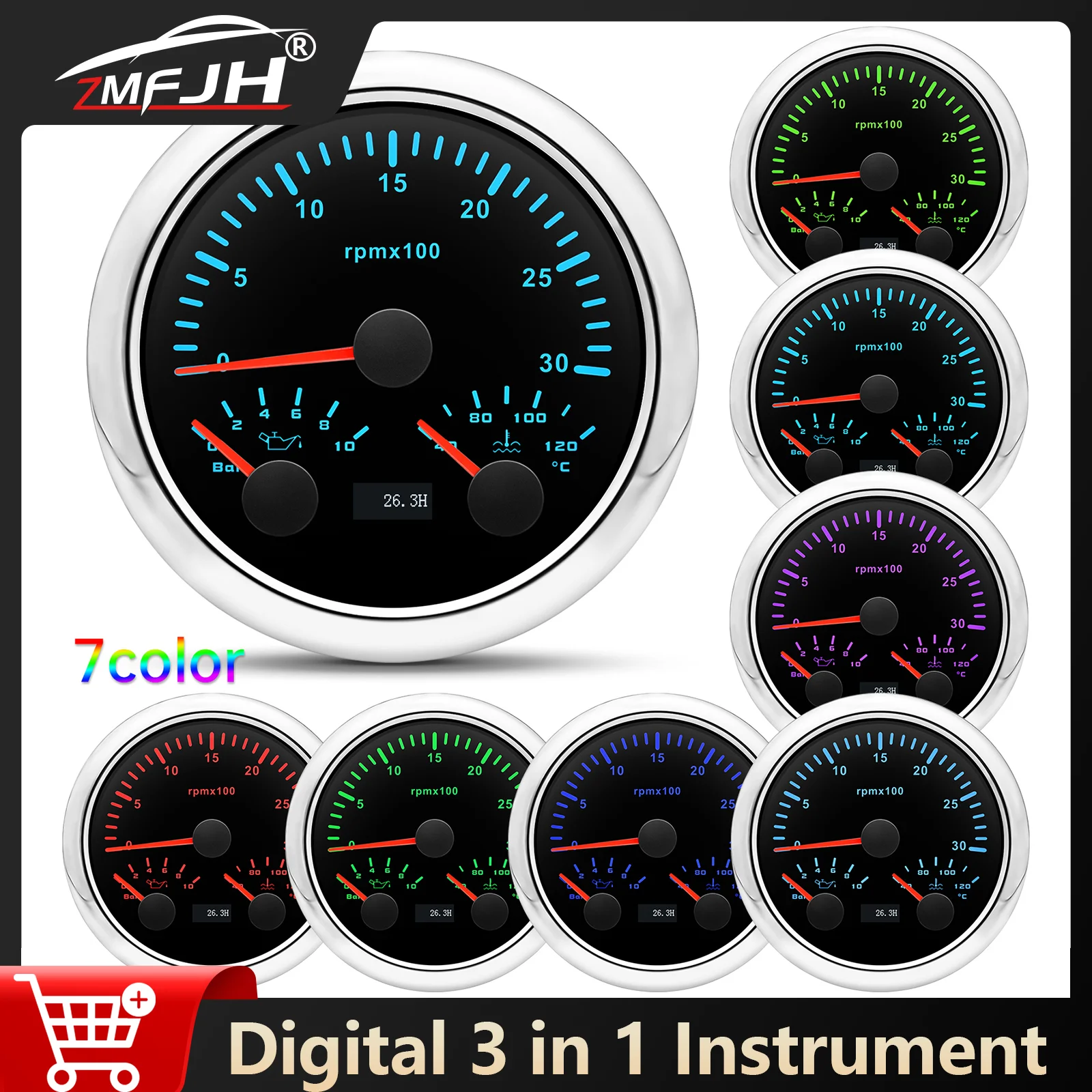 

7 Color LED Backlight 3 In 1 Gauge Tachometer Oil Pressure Gauge Water Temp Meter 0-8000 RPM Indicator For Car Boat 12V 24V