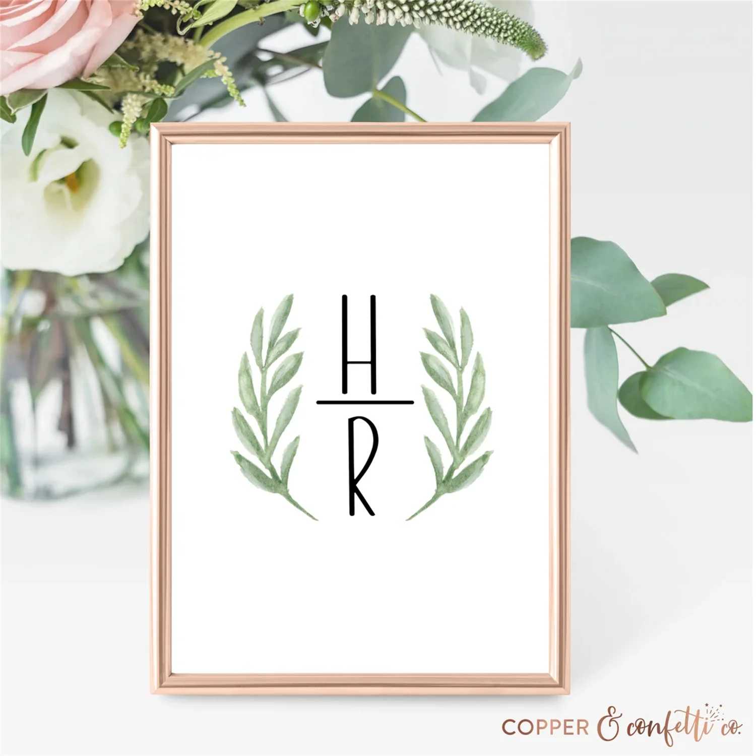 50pcs Digital watercolor wedding wreath monogram, greenery wedding logo, personalized wedding logo, DIGITAL FILE ONLY