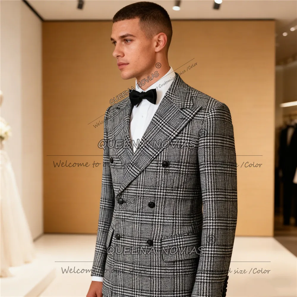 الكلاسيكية houndstooth منقوشة دعوى الرجال مزدوجة الصدر سترة السراويل 2 قطعة مجموعة العريس الزفاف البدلات الرسمية مخصصة trajes الفقرة hombre #3
