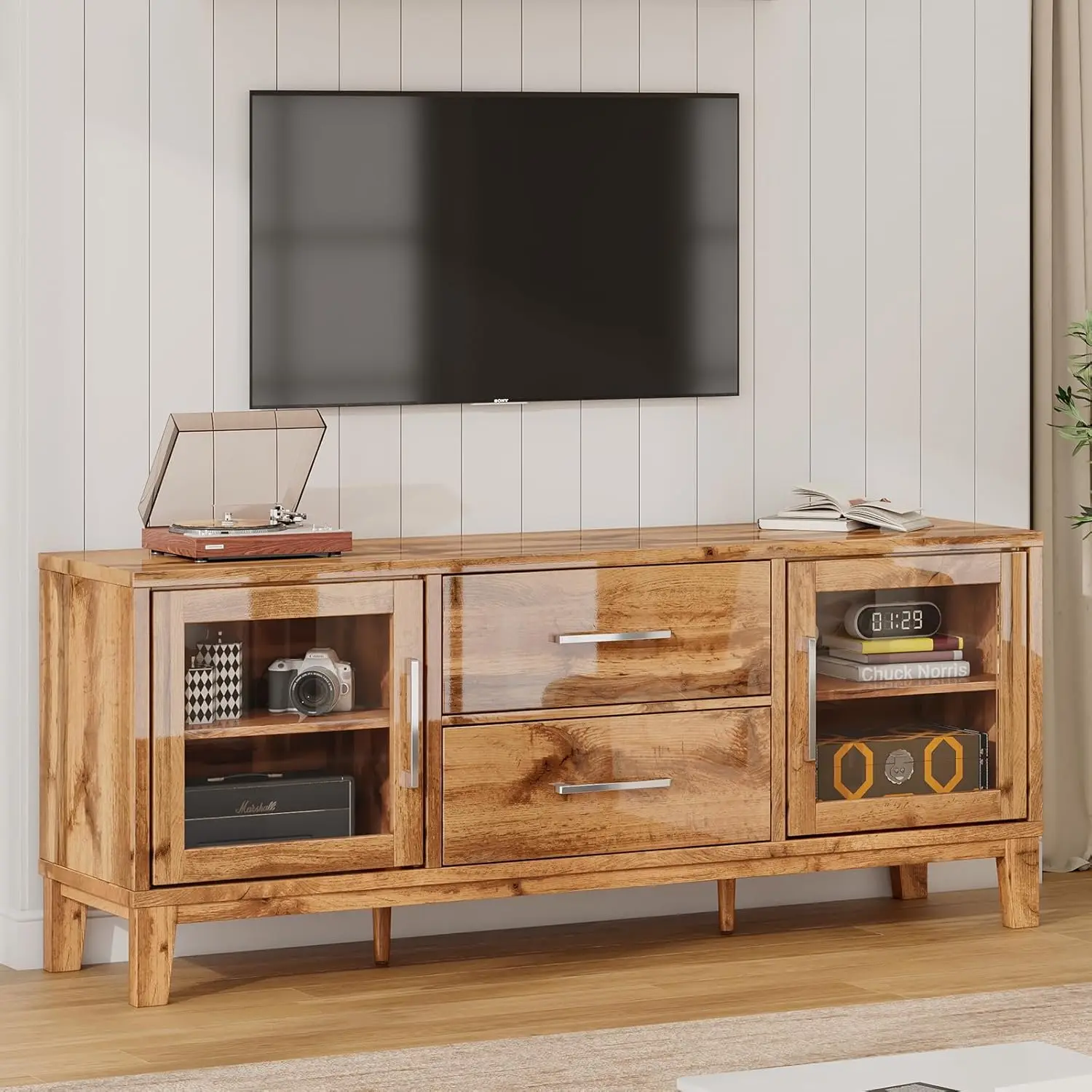 

63In Modern Wood Tv Stand For 70+ H Tv, Mid High Gloss Entertainment Center With Glass Doors & Adjustable Shelf, Tv Console