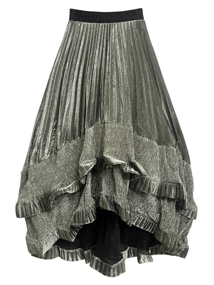 Yermora cintura alta elástica verde plissado babados elegante saia de meio corpo para mulheres solta moda maré srping verão 2025 novo