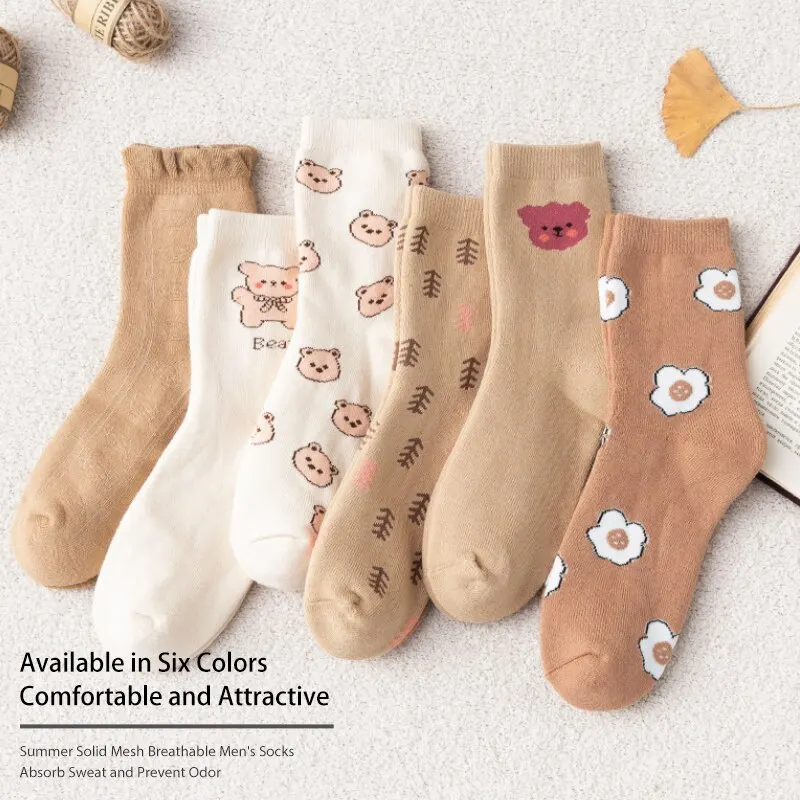 6 paires de femmes est automne et hiver polaire épaissie chaud doux et confortable bande dessinée Animal mi-tube chaussettes