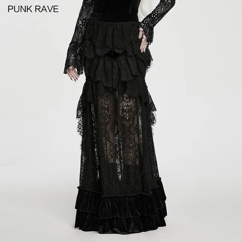 PUNK RAVE Women's Gothic Embossed Velvet Strong Drape Skirt Fish Tail Shape Graceful 3D Ruffles Dancing Party Women Clothing