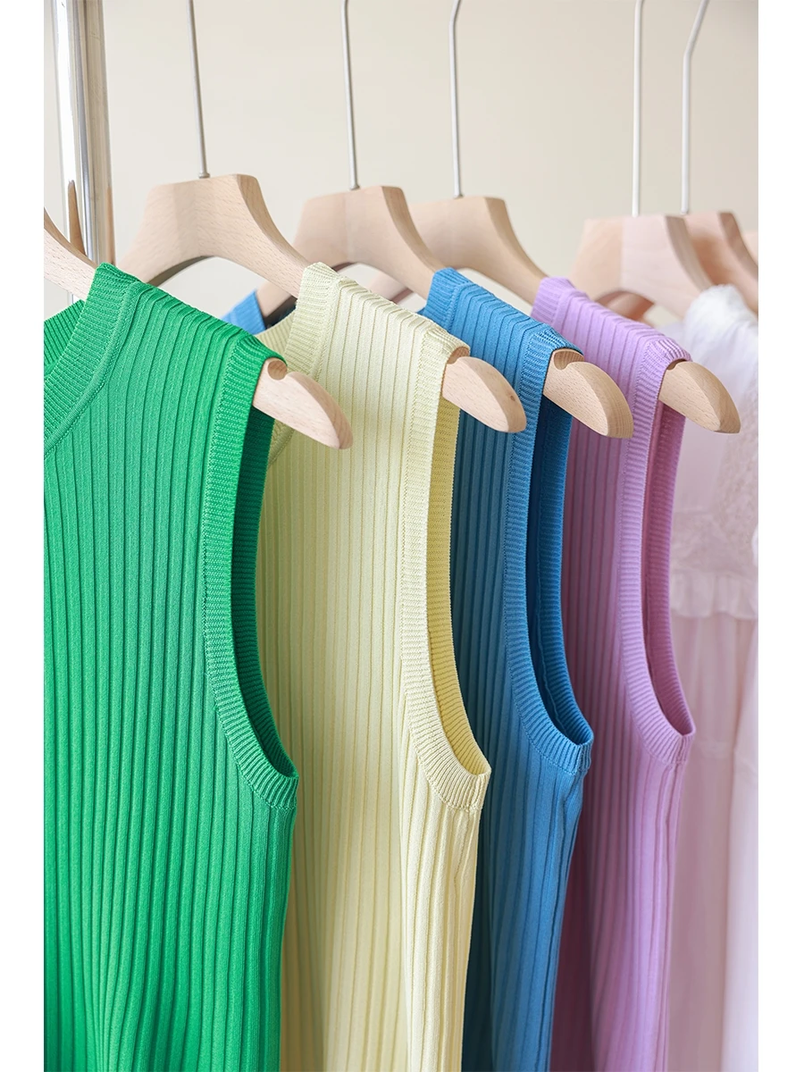 

Женский трикотажный жилет из ледяного шелка, круглый вырез, летний, приталенный, повседневный, универсальный, прямой крой, модная верхняя одежда