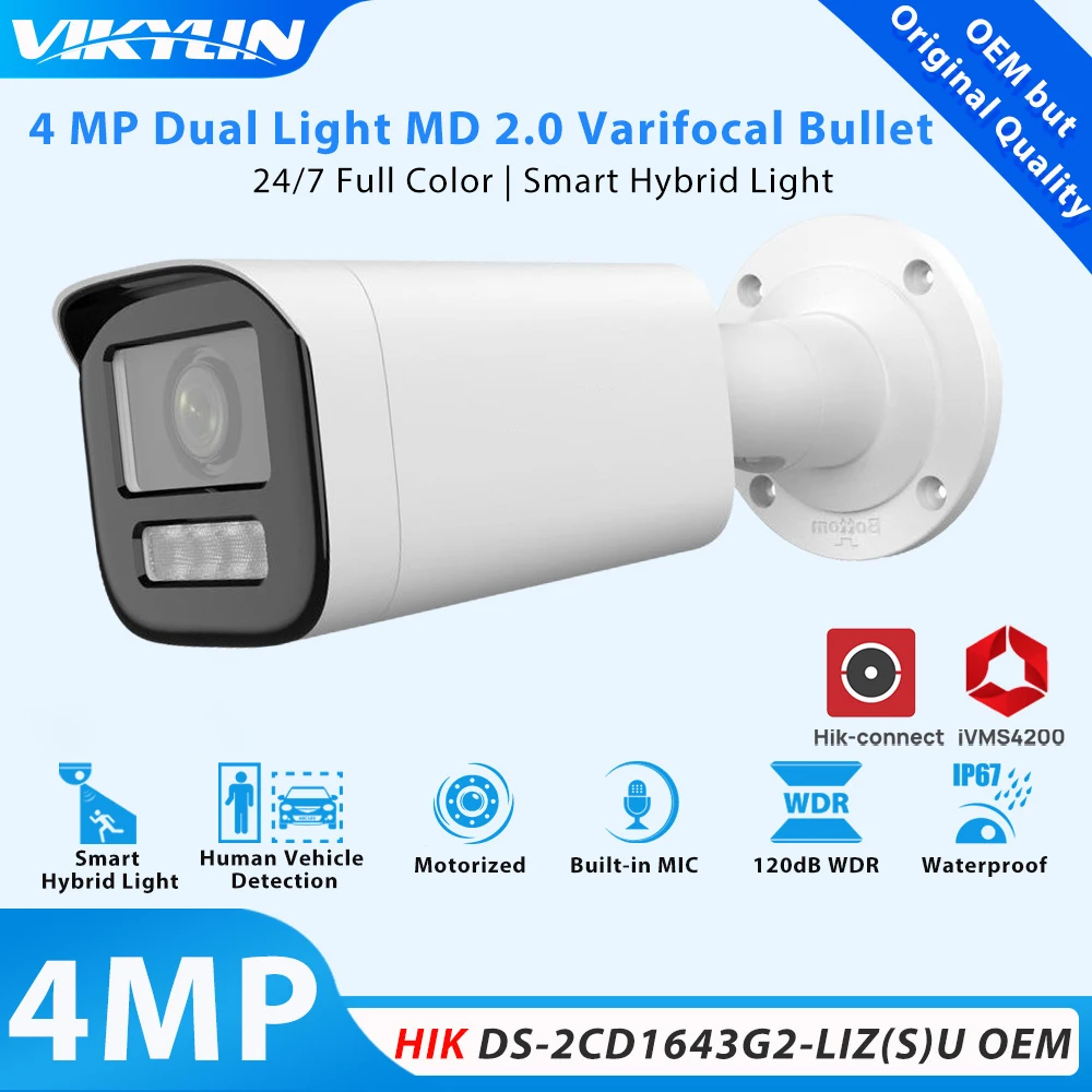 Vikylin 4MP Caméra de Sécurité document Nuit pour Hikvision DS-2CD1643G2-LIZ(S)U OEM POE Smart Hybrid Light SD Human Vehicle poignées protected