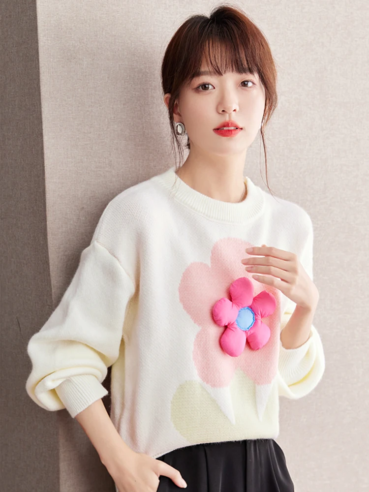 2024 Autumn Winter New Loose Sweater Sweet Three-dimensional Flower Pretty Knit Top Fashionable Casual Pullover Sweater