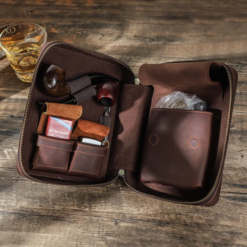 Portable Cowhide Pipe Storage Box, Multi-Functional Bag, Cowhide, Travel, Convenient