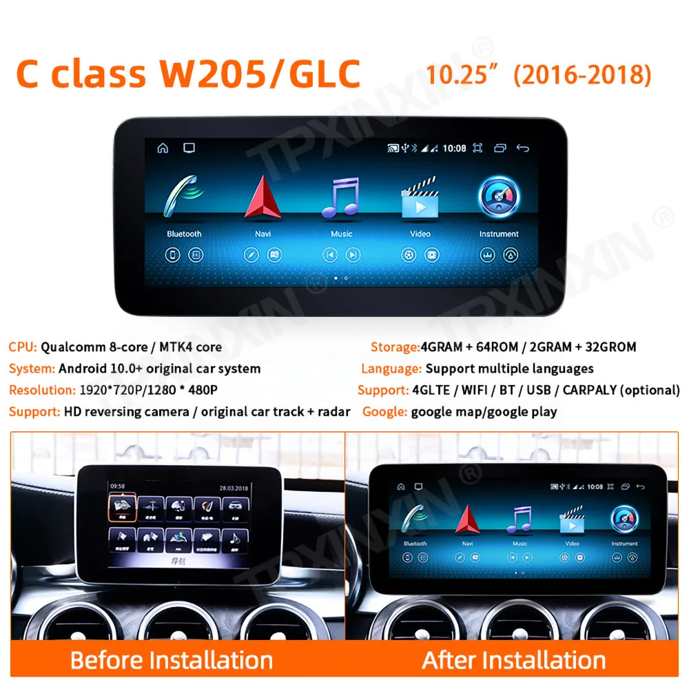 Wireless Carplay Android 10 Car Multimedia Screen For Benz C-Class-W205-GL 2016-2018 Android Auto Radio GPS 4G SIM Idrive Car PC