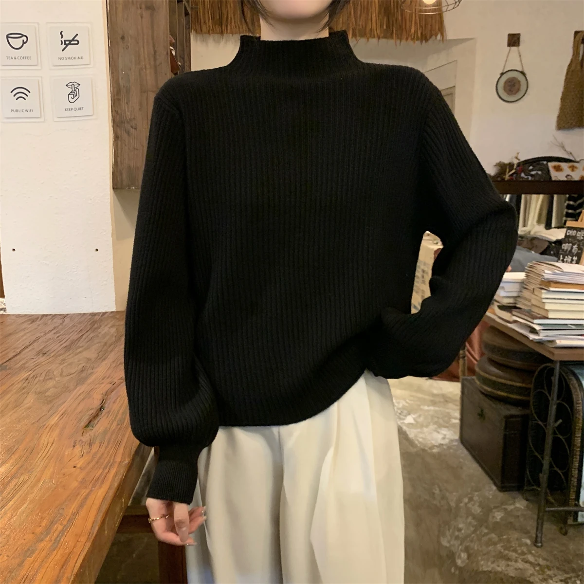 Korean Half High Collar Sweater Women Velvet Lantern Sleeve Soft Loose Knit Base Autumn Winter