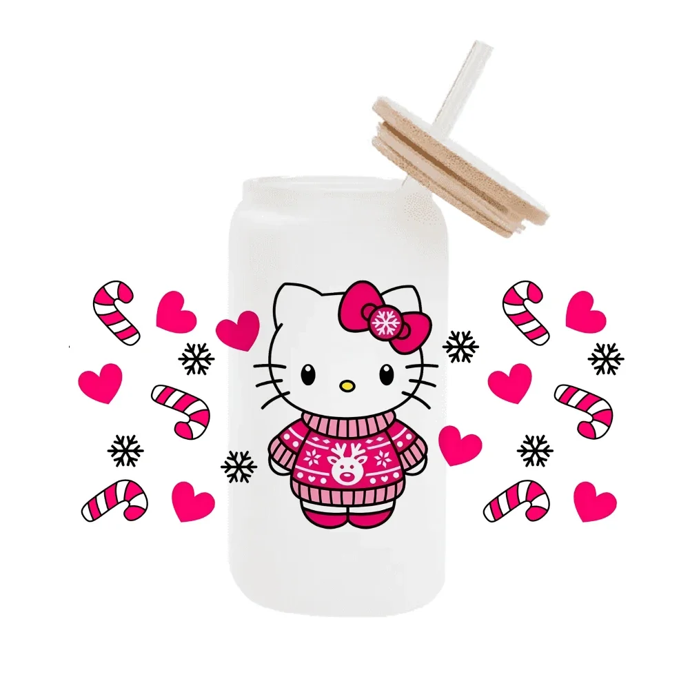 

Fashion Cartoon Hello Kitty Christmas For Libbey 16oz Can Glass 3d Waterproof Uv Dtf Coffee Can Wrap Libbey Glass Wrap