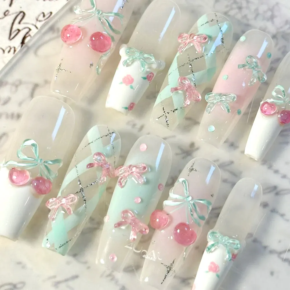 1 szt. Naklejki na paznokcie 5D z kokardką wiśniową, różowo-białe, samoprzylepne naklejki do zdobienia paznokci, wysokiej jakości naklejki do manicure