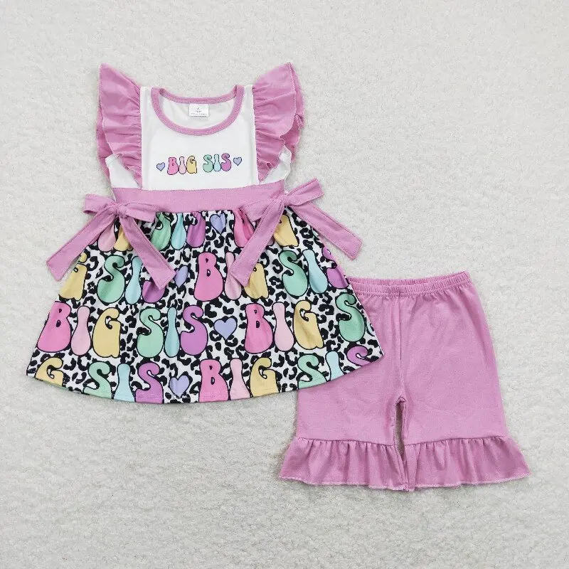 

X12.22 GSSO0540 Hot-selling baby girl outfit Big Sis letter purple lace bow leopard print flutter sleeve shorts set