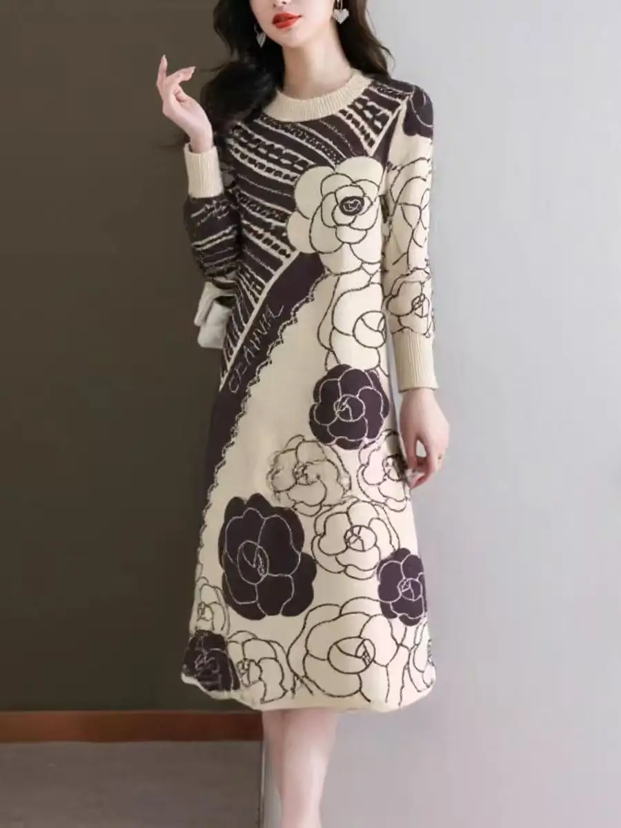 Schwarze Wollstrick-Pullover mit Punkten, elegant, lässig, für Damen, 2025, koreanisches Vintage-Hepburn-Kleid, Herbst-Winter-Pulloverkleid