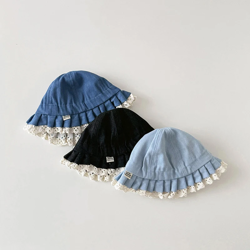 

Autumn Winter Baby Fisherman Hats Lace Princess Kids Girls Sun Hats Denim Children Bucket Caps