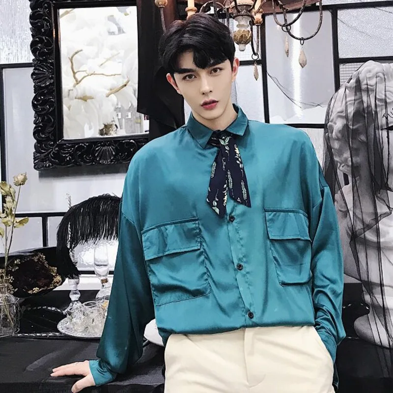 WVGA Spring Autumn New Men Large Pocket Design Trendy Long Sleeved Shirt Unique Bow Tie Decoration Niche Chic Casual Tops W23780