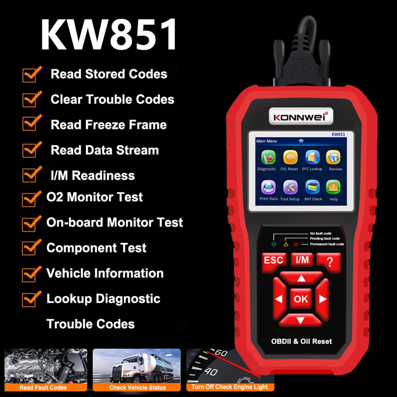 

KONNWEI KW851 Автомобильный сканер OBD2 Профессиональные диагностические инструменты Инструмент для сброса обслуживания автомобиля Автоматическая проверка двигателя OBD 2-кодовый считыватель