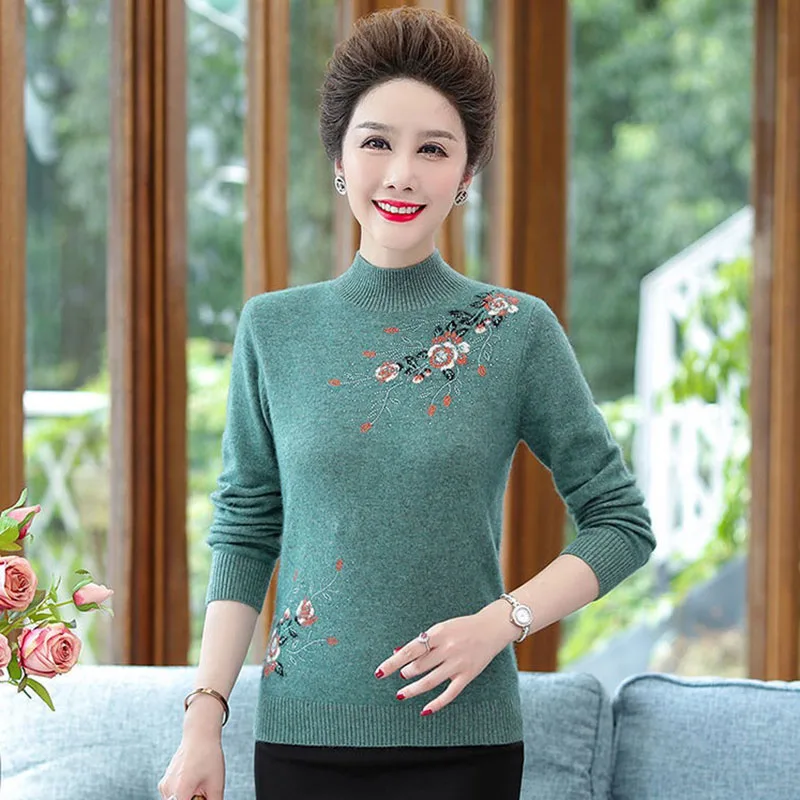 Fashion Half High Collar Knitted Embroidery Sweater Women\'s Pullovers Autumn Winter Middle Aged Mother Loose Jumper Casual Tops