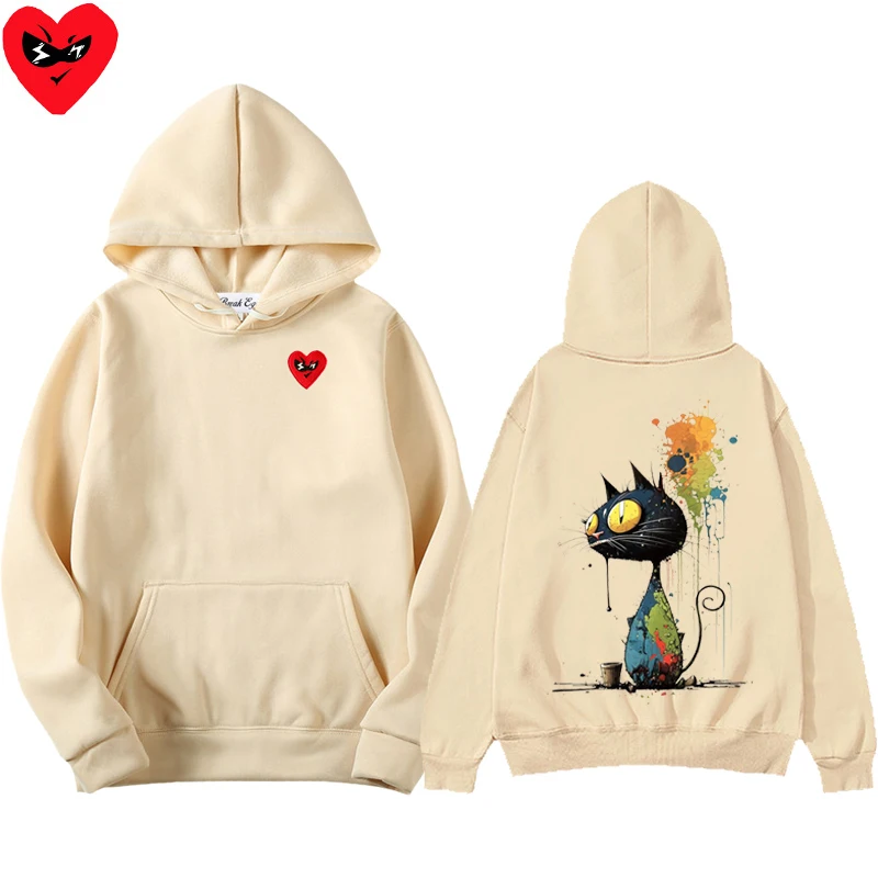 Oil Painting Colored Cat Print Men Women Hoodie Polyester Red Glasses Heart Embroidery Pullover Pockets Thin Loose Autumn Hoody