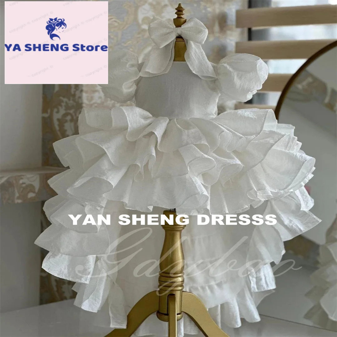 Customized Flower Girl Dress For Wedding Puffy With Tail Bow Short Sleeves Kids Baby Birthday First Communion Gown