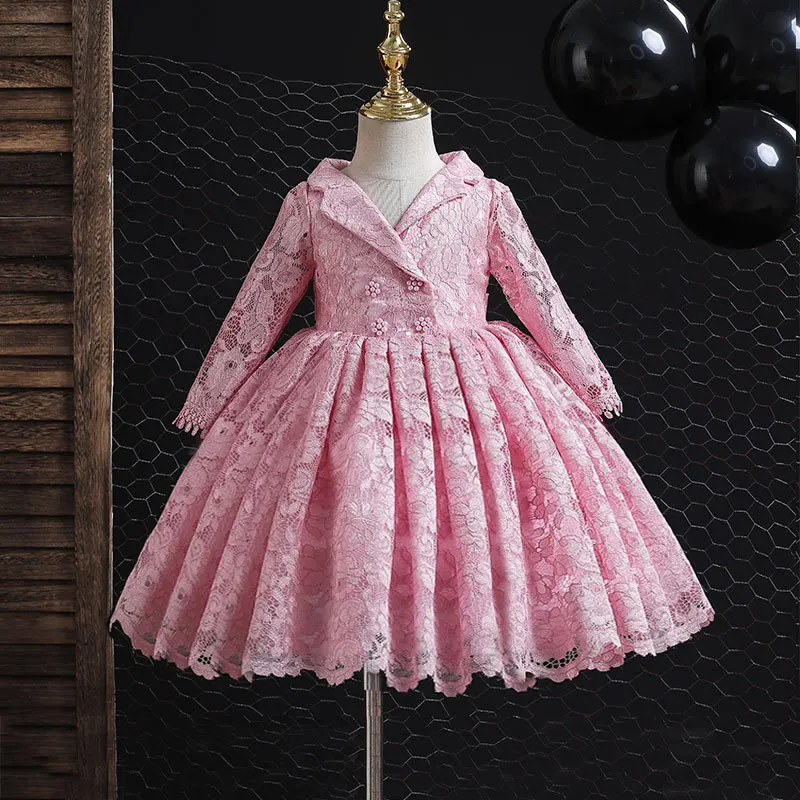 Little Girls Elegant Princess Dress Long Sleeve Floral Lace Party Dresses For Winter Fall 1 2 3 4 5 6 7 Clothes Red White Pink