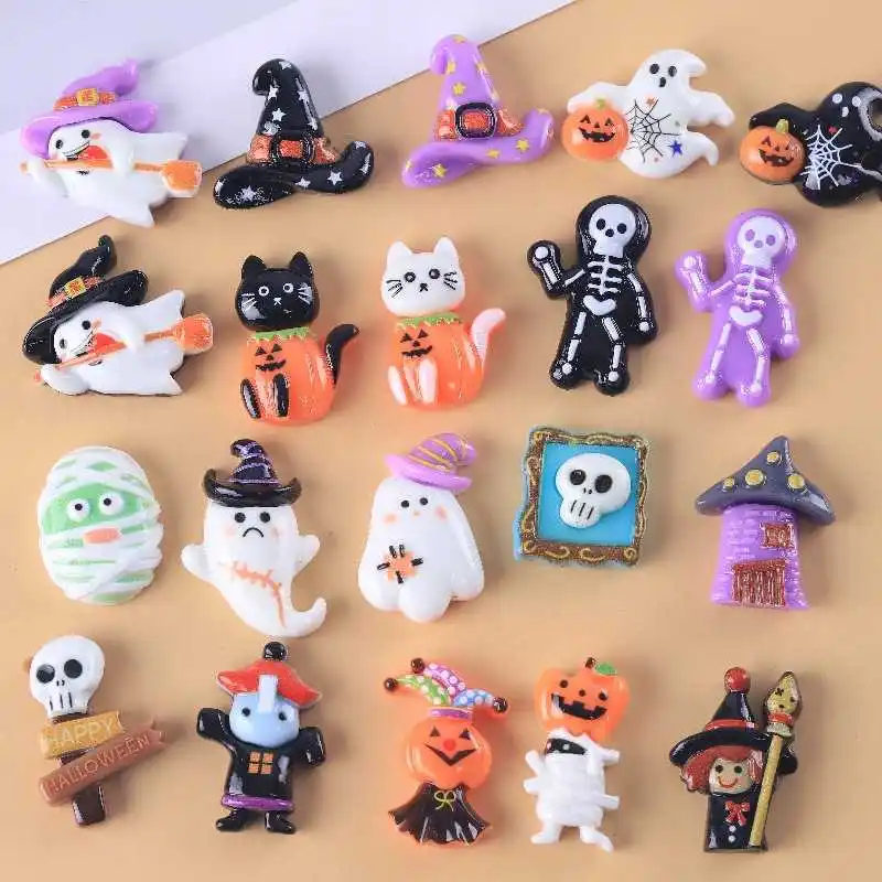 10PCS/Lot Halloween Random Mix Witch/Zombie/Ghost/Skeleton/Mummy Single-sided Resin Accessories Without Adhesive Backing