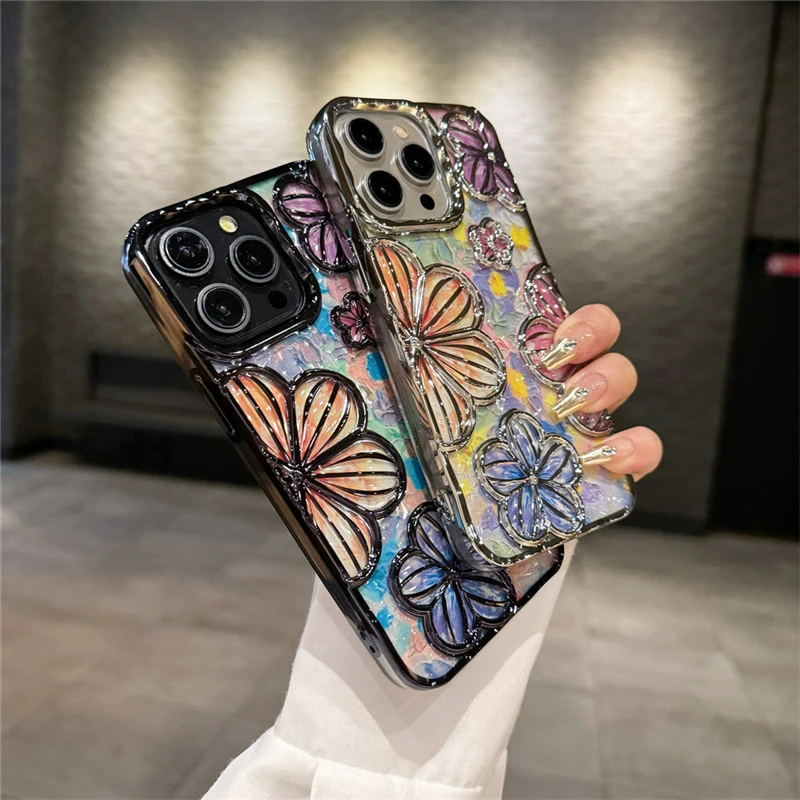 Luxury Plating Colour Fashion Flowers Phone Case For iPhone 11 12 13 14 15 16 Pro Max Soft Bumper Protector On 14 Pro Cover