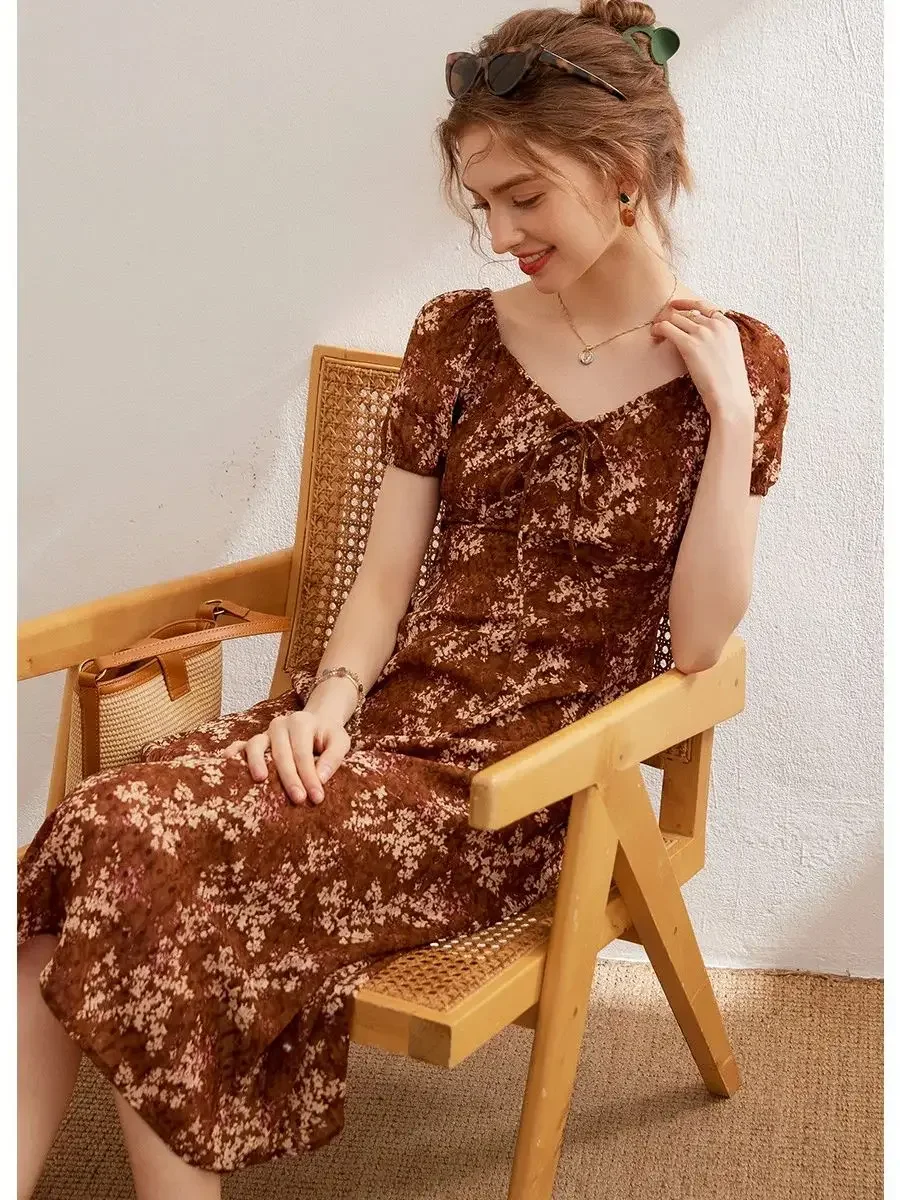 LOUIS YAO Women Dress 2024 Summer Frint Floral Dress Fashion Slim O Neck Short Sleeve Long Dress