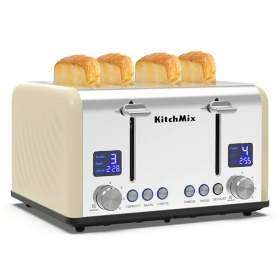 

4-Slice Bagel Toaster with Stainless Steel Finish Cream Color LCD Timer Extra Wide Slots Dual Screen Display Removable Crumb Tr