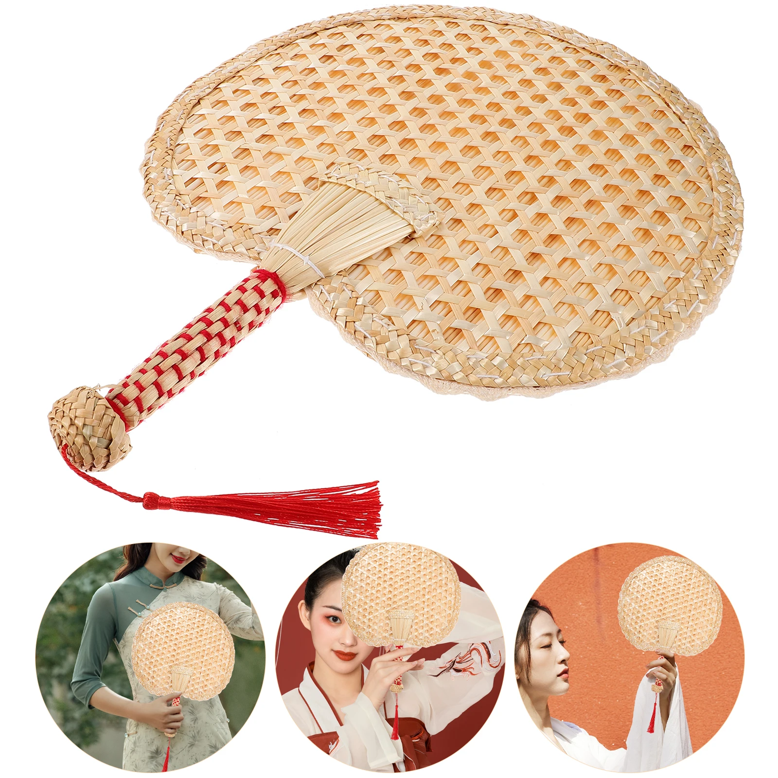 

Retro Chinese Fans Handmade Woven Summer Large Round Lace Edge Cooling Manual Handheld Decorative Practical