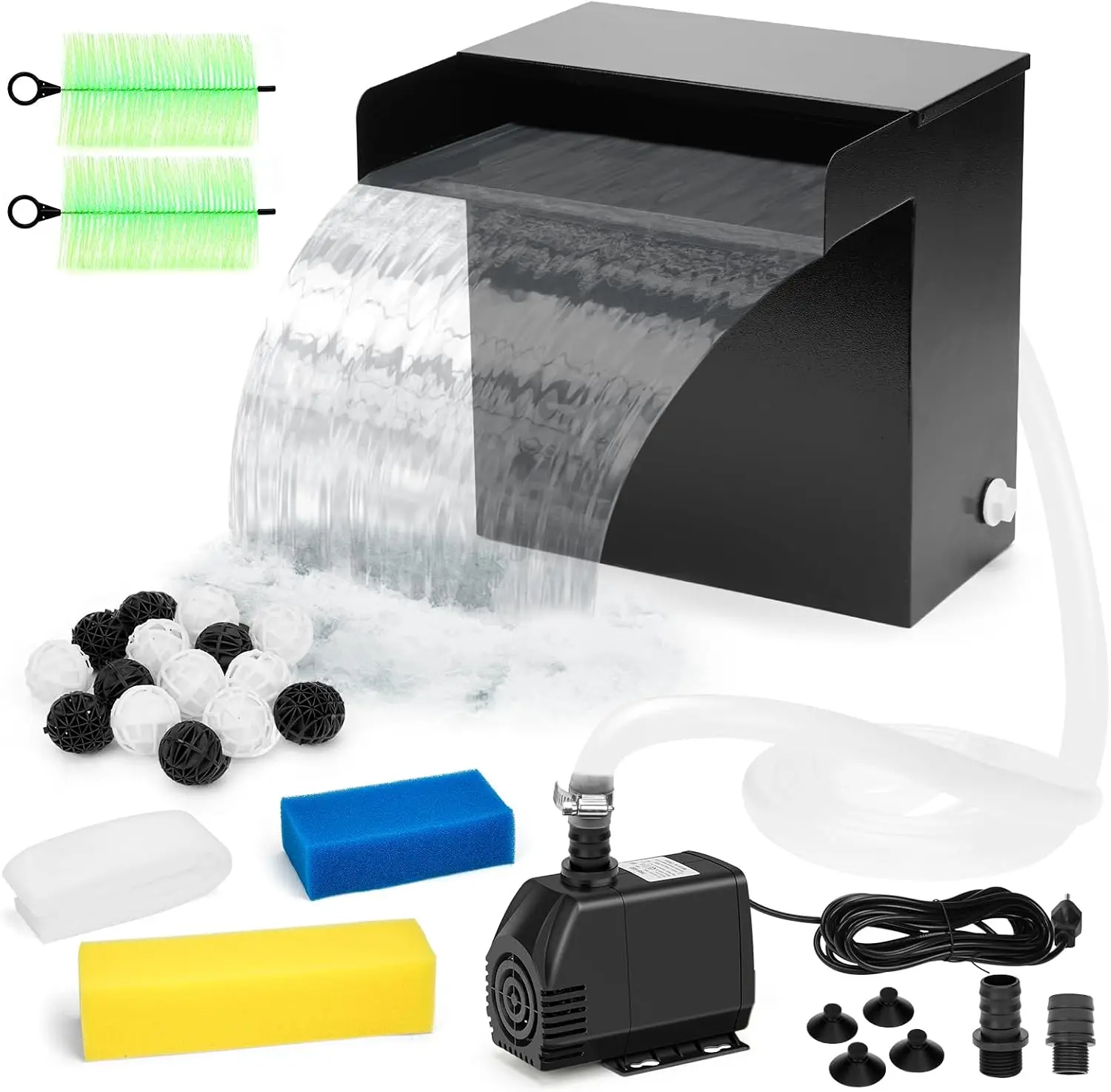 Outdoor Pond Waterfall Spillway Kit 800 GPH Pump 5 Layer Filtration 9 8FT Oxford Hose Koi Fountain Feature