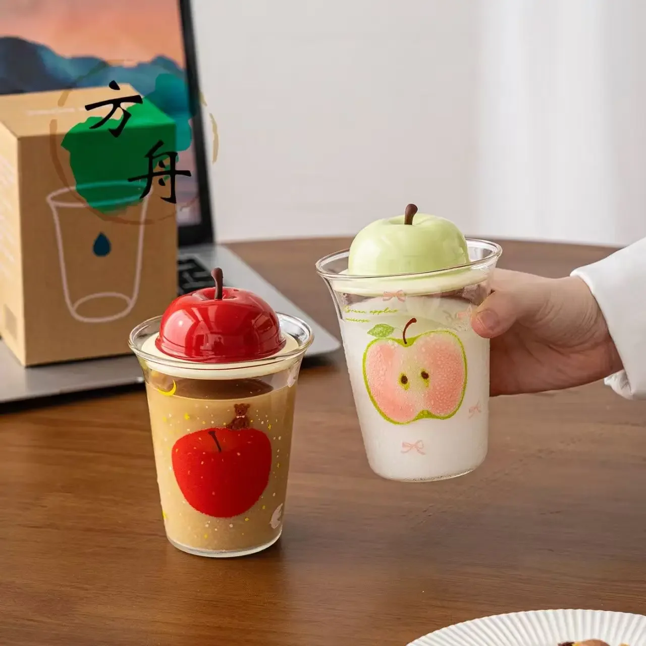 Cartoon Bear And Apple Pattern Cofee Cup With Simulation Apple Lid Funny Glass Water Cup For Milk Juice Beer