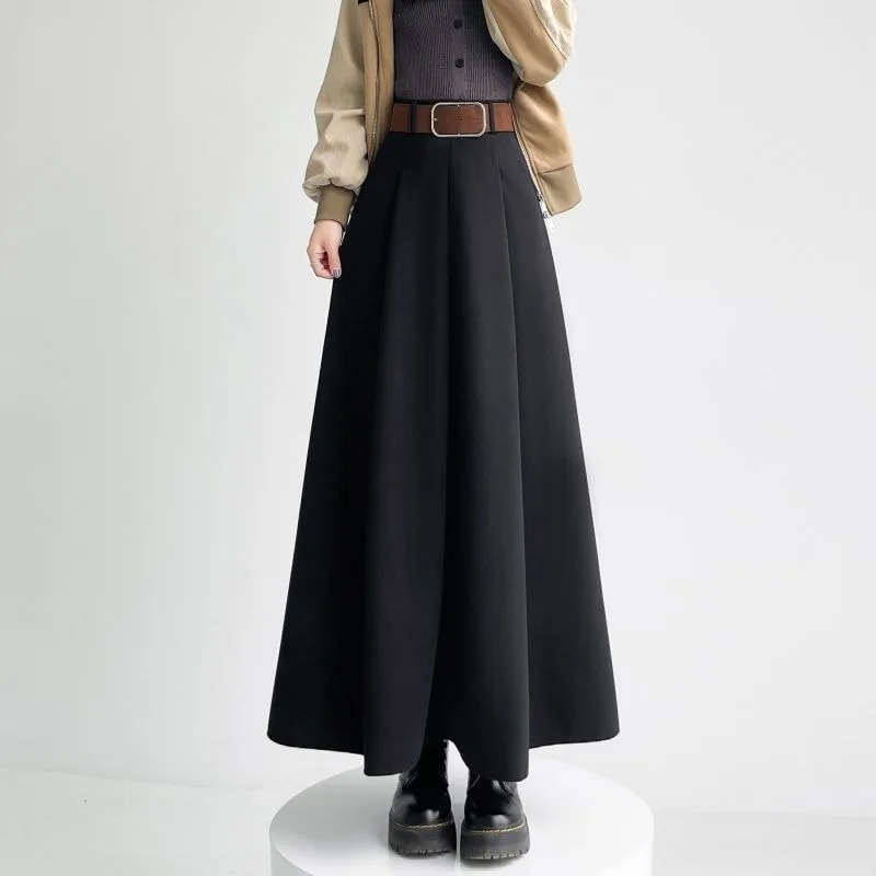 Women Autumn Winter Woolen Long Skirt High Waist Pleated A Line Umbrella Skirt Slim Flowy Maxi Skirt With Belt