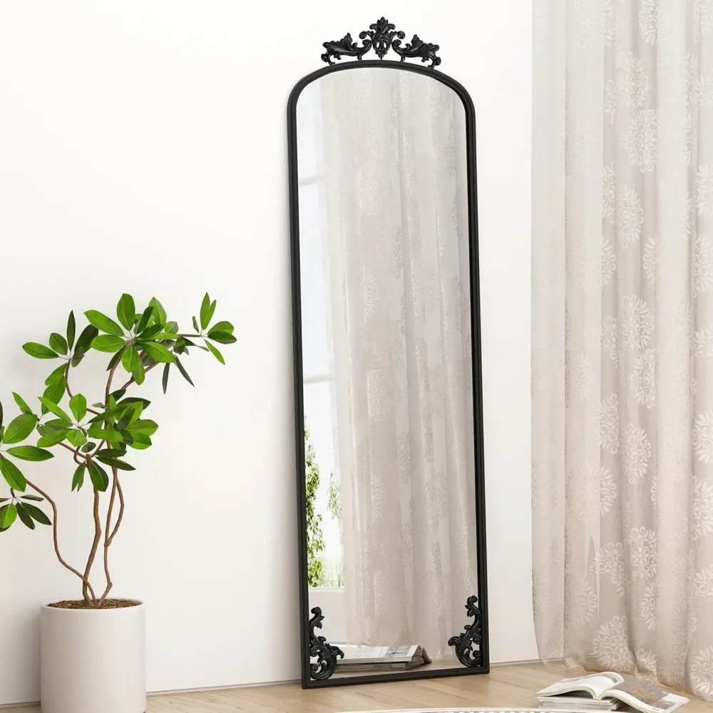 Miroir arqué pleine longueur avec support, longueur au sol noire, cadre en métal sculpté, mur complet du corps pour la décoration intérieure, 65 po x 21 po