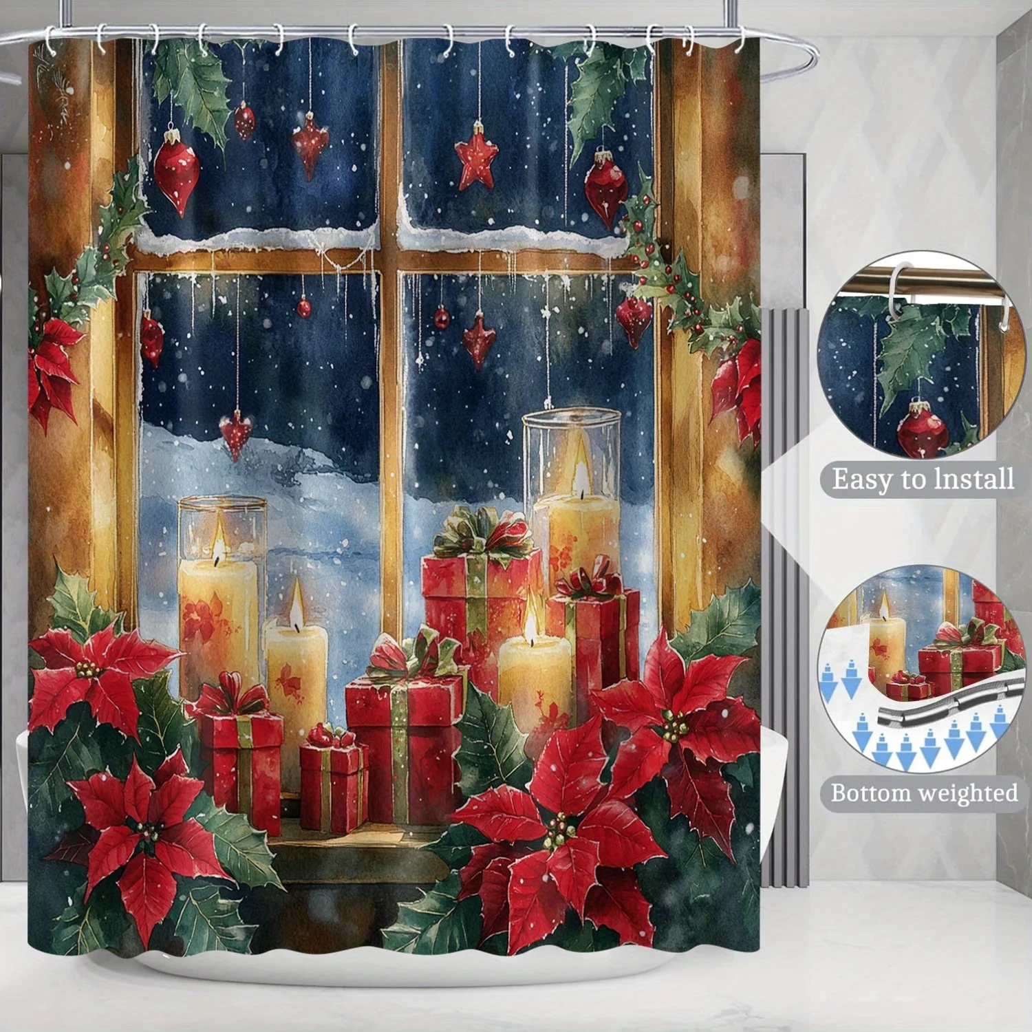 

"Christmas Window Scene Shower Curtain with Poinsettia & Candles, Waterproof & Festive for Holiday Bathroom Decor"