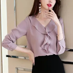 Women's Spring Fashion Simplicity Solid Color V-neck Long Sleeve Shirts Women Clothes Casual All-match Temperament Tops