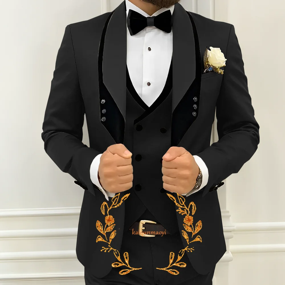 Khaki Groom Wedding Tuxedo Elegant Men\'s 3-piece Suit Set Jacket Pants Vest Tie Slim Fit Outfit Custom Male Dress