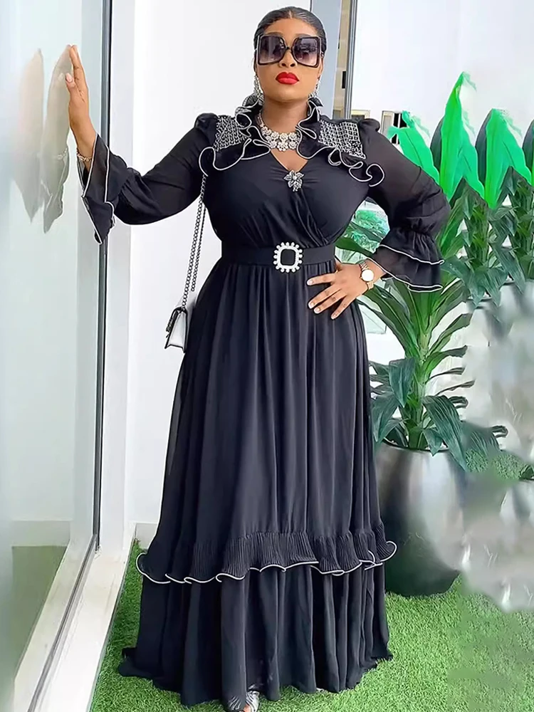 Robes en mousseline de soie pour femmes, robe de soirée de mariage, robe à manches longues, Dashiki africain, robe à volants, Abayas de Dubaï, automne, 2024