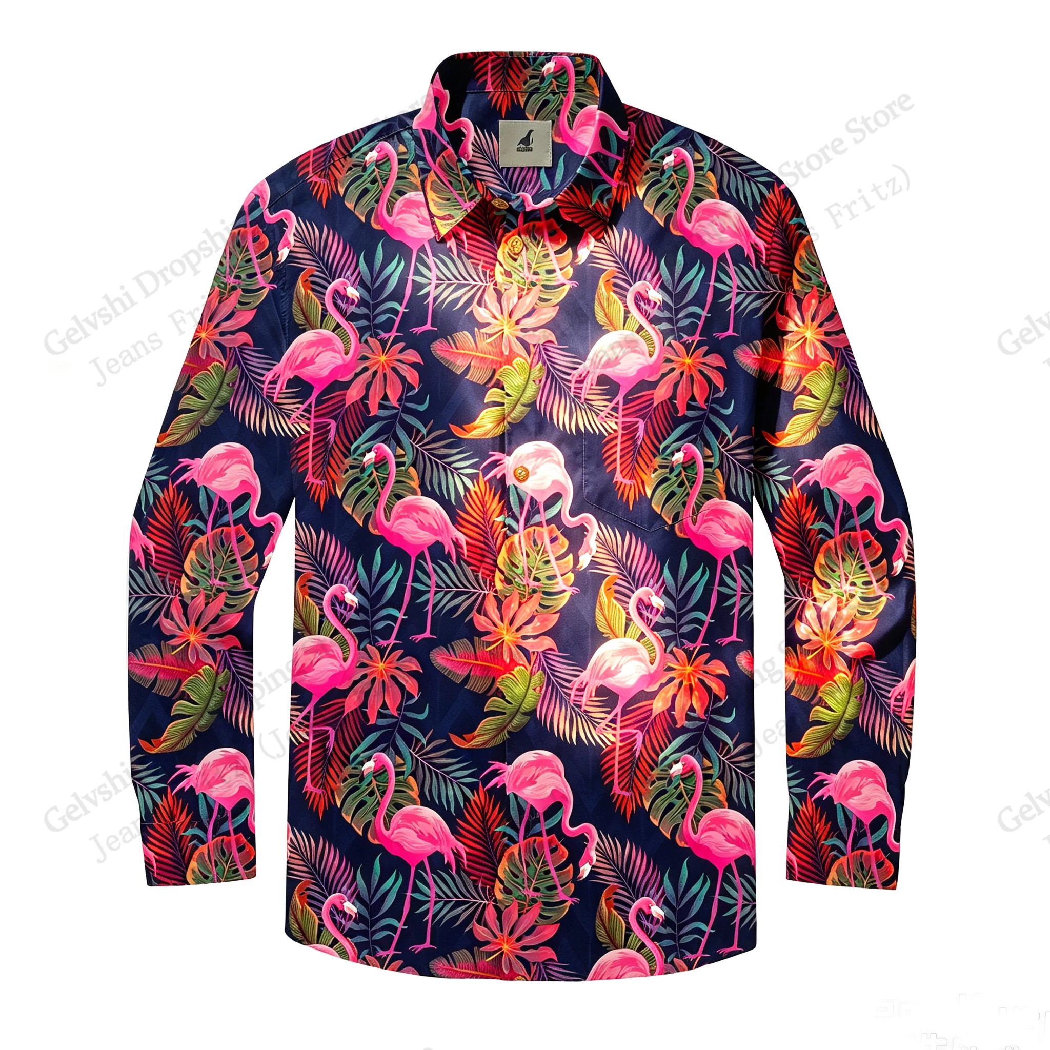 Long Sleeve Bird Flamingo Holiday Shirt Flamingo 3d Hawaiian Shirt Men Women Fashion Single-breasted Blouse Flower Camisa hombre