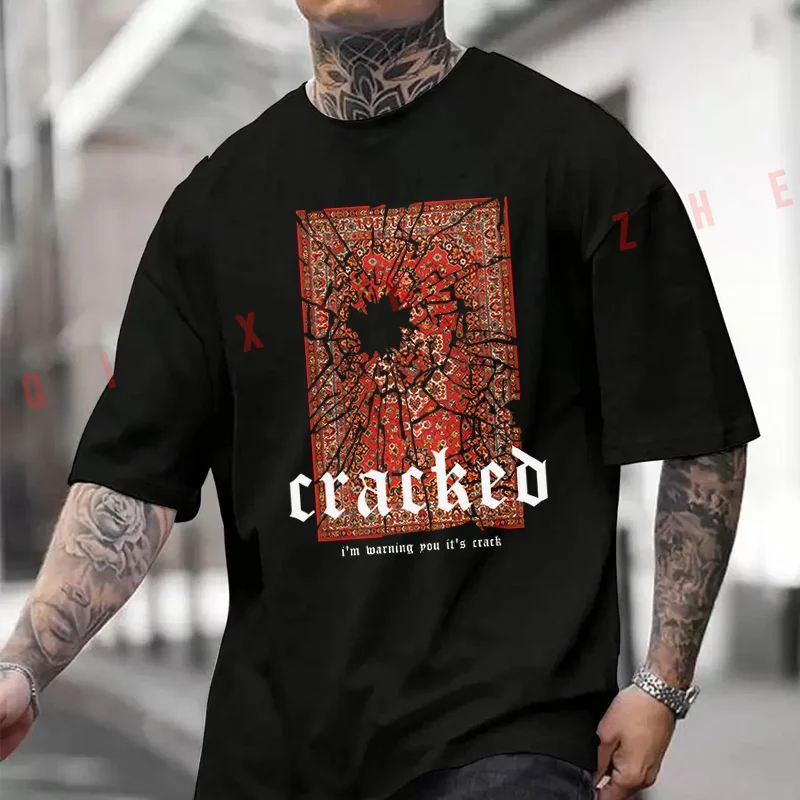 Cracked Creative Design Motorcycle Printed T-Shirt Men's Fashion Short Sleeve Exquisite Design Essential Top Tees