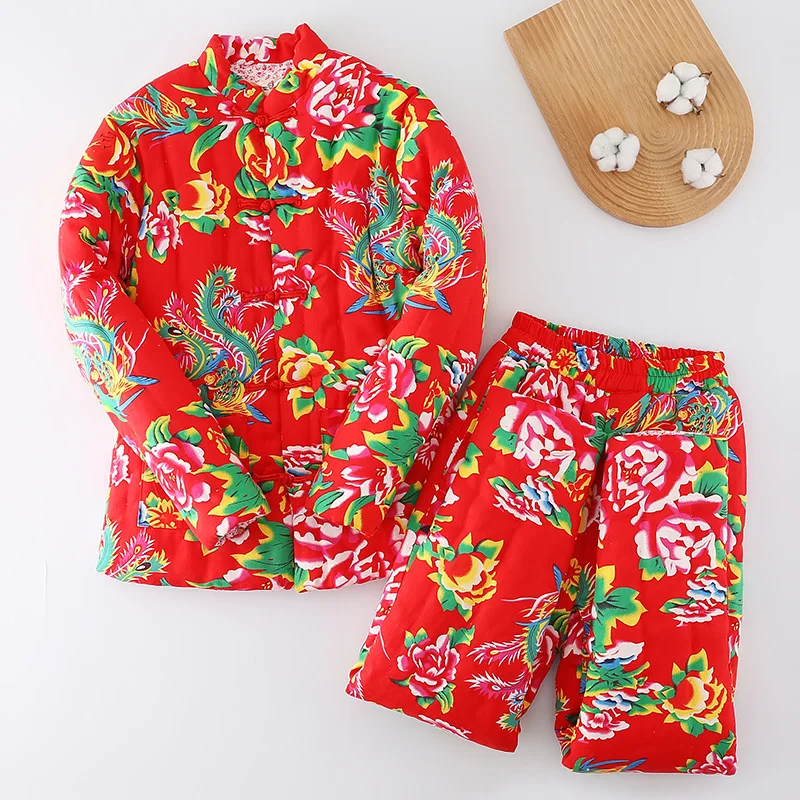 Women's High-waisted Cotton-padded Pants Set Winter Thickened Warm Slim-fitting Long-sleeved Pure Handmade Cotton-padded Clothes