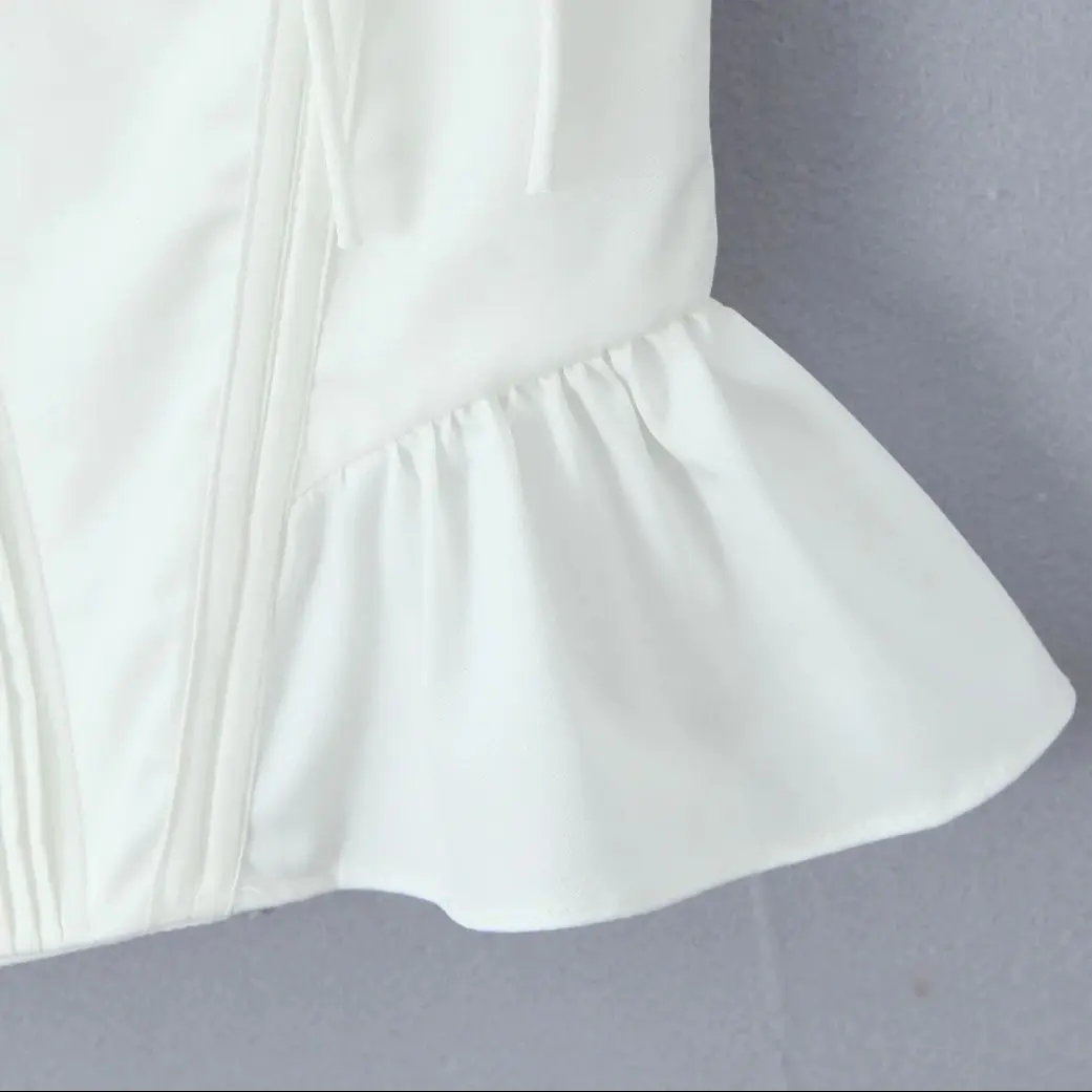 2024 White V Collar Ribbon Bow Strap Sexy Corset Women Summer Tank Tops Pleated Ruffles Hem Crop Top