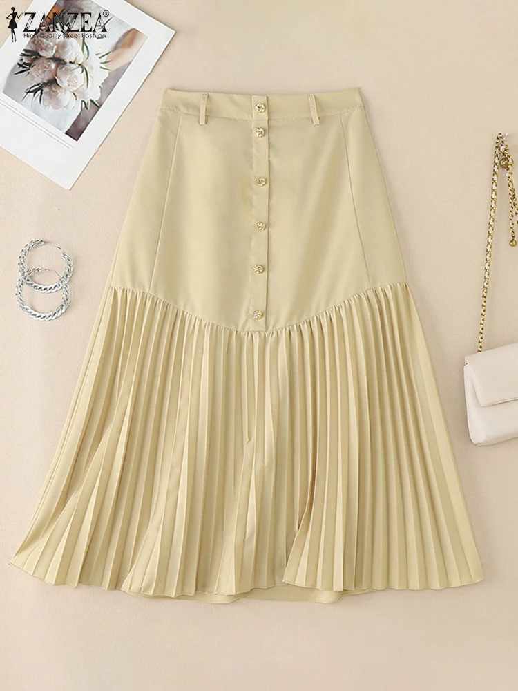 

ZANZEA Commuting Fashion A-Line Jupes Femme Summer OL Elegant V-Shaped Seam Midi Faldas Women Elastic High Waist Pleated Skirts